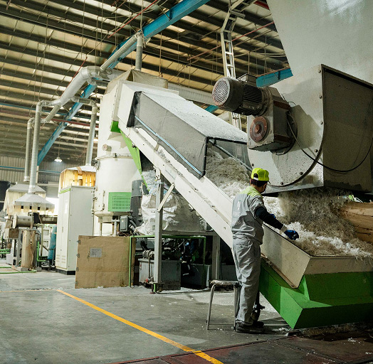 Recycling facility workers sorting materials